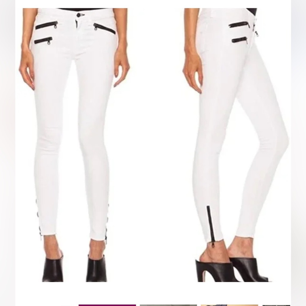 RAG & BONE White Denim Moto Skinny Jeans with Zipper Design